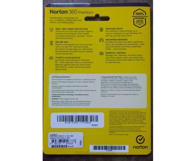 Norton Security 360 10 Devices Premium pack, back view